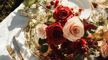 ai generado Boda y evento celebracion paisaje de mesa con flores, formal cena mesa ajuste con rosas y vino, elegante floral mesa decoración para cena fiesta y fiesta decoración, hogar peinado foto