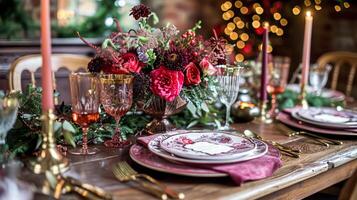 ai generado san valentin día paisaje de mesa y mesa decoración, romántico mesa ajuste con flores, formal cena y fecha, hermosa cuchillería y vajilla foto