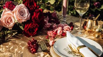 AI generated Wedding and event celebration tablescape with flowers, formal dinner table setting with roses and wine, elegant floral table decor for dinner party and holiday decoration, home styling photo