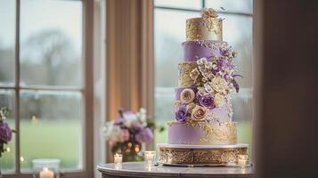 AI generated Wedding decor with lavender theme, floral decoration design and beautiful decor setting arrangement photo