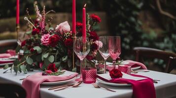 ai generado san valentin día paisaje de mesa y mesa decoración, romántico mesa ajuste con flores, formal cena y fecha, hermosa cuchillería y vajilla foto