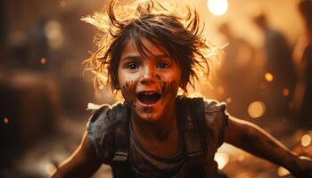 AI generated Smiling children playing in the dirty dusk flame generated by AI photo