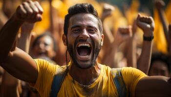 ai generado hombres aplausos en un multitud, brazos elevado en celebracion generado por ai foto