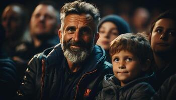 ai generado sonriente padre y hijo, abrazando invierno alegría generado por ai foto