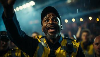 AI generated Smiling African enthusiast cheers in illuminated night crowd generated by AI photo