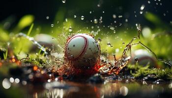 ai generado jugando béisbol en mojado césped en el lluvia generado por ai foto