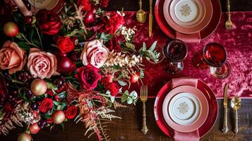 ai generado san valentin día paisaje de mesa y mesa decoración, romántico mesa ajuste con flores, formal cena y fecha, hermosa cuchillería y vajilla foto