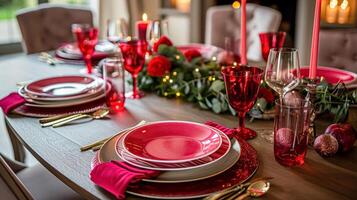 ai generado san valentin día paisaje de mesa y mesa decoración, romántico mesa ajuste con flores, formal cena y fecha, hermosa cuchillería y vajilla foto