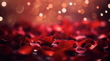 AI generated Valentines day background with red rose petals and bokeh lights, symbol of love, romance and commitment photo