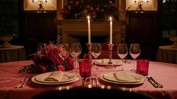 ai generado san valentin día paisaje de mesa y mesa decoración, romántico mesa ajuste con flores, formal cena y fecha, hermosa cuchillería y vajilla foto