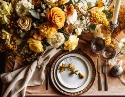 AI generated Top view of autumn table scape, autumnal dinner table setting, holiday tablescape for wedding, birthday or party event celebration, generative ai photo