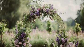 AI generated Wedding decor with lavender theme, floral decoration design and beautiful decor setting arrangement photo