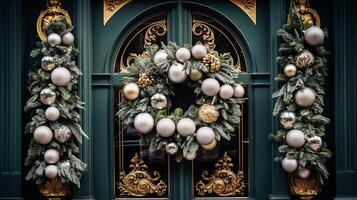 ai generado Navidad decoración detalles en Inglés estilizado lujo alto calle ciudad Tienda puerta o compras ventana mostrar, fiesta rebaja y tienda decoración foto