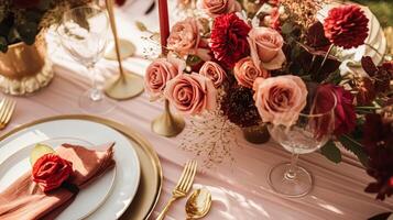 AI generated Wedding and event celebration tablescape with flowers, formal dinner table setting with roses and wine, elegant floral table decor for dinner party and holiday decoration, home styling photo