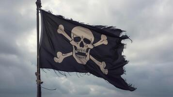 AI generated Pirate flag with skull and bones on cloudy sky background photo