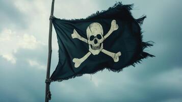 AI generated Pirate flag with skull and bones on cloudy sky background photo