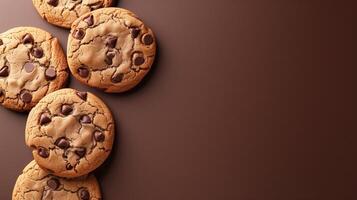 AI generated Chocolate chip cookies on brown background photo