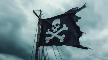AI generated Pirate flag with skull and bones on cloudy sky background photo