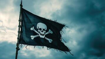 AI generated Pirate flag with skull and bones on cloudy sky background photo