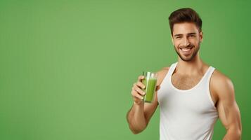 AI generated Healthy man holding vegetable juice on green background photo