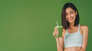 AI generated Healthy woman holding vegetable juice on green background photo