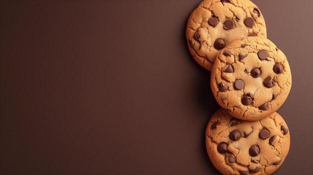 AI generated Chocolate chip cookies on brown background photo