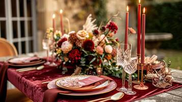 AI generated Valentines day tablescape and table decor, romantic table setting with flowers, formal dinner and date, beautiful cutlery and tableware photo