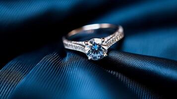 ai generado joyería, propuesta y fiesta regalo, diamante compromiso anillo en azul seda tela, símbolo de amar, romance y compromiso foto