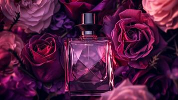 AI generated Perfume bottle in flowers, fragrance on blooming background, floral scent and cosmetic product photo