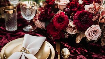 AI generated Wedding and event celebration tablescape with flowers, formal dinner table setting with roses and wine, elegant floral table decor for dinner party and holiday decoration, home styling photo