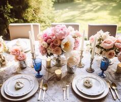 AI generated Wedding tablescape with peony bouquet, formal dinner table setting, table scape with decoration for wedding party and event celebration, generative ai photo