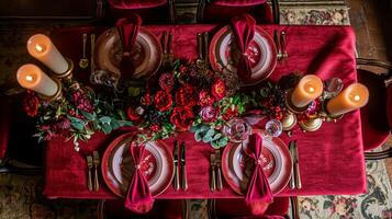 ai generado san valentin día paisaje de mesa y mesa decoración, romántico mesa ajuste con flores, formal cena y fecha, hermosa cuchillería y vajilla foto