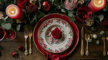 ai generado san valentin día paisaje de mesa y mesa decoración, romántico mesa ajuste con flores, formal cena y fecha, hermosa cuchillería y vajilla foto