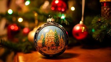 AI generated Christmas tree decorations for the English country cottage, home decor, house in the countryside and holiday celebration photo