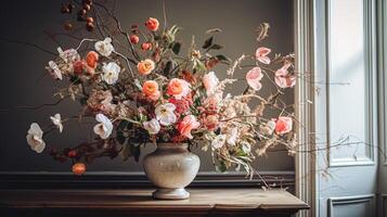 AI generated Floral arrangement with winter, autumn or early spring botanical plants and flowers photo