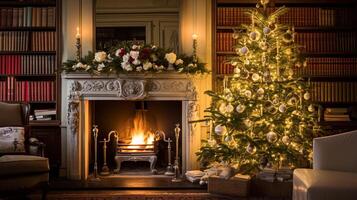 AI generated Christmas at the manor, English countryside decoration and interior decor photo