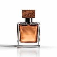 AI generated Mens perfume bottle with wooden cap isolated on white background, elegant fragrance and luxury scent, generative ai photo