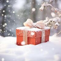 AI generated Christmas holiday gift and present, gift box in the snow in snowfall winter countryside nature for boxing day, holidays shopping sale photo