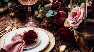 ai generado Boda y evento celebracion paisaje de mesa con flores, formal cena mesa ajuste con rosas y vino, elegante floral mesa decoración para cena fiesta y fiesta decoración, hogar peinado foto