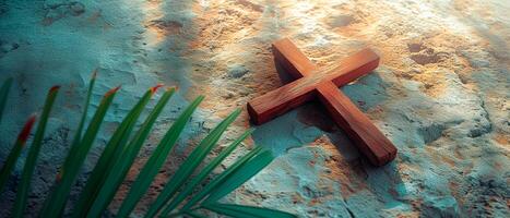 AI generated Wood cross and palm leaves over stone background for easter. Catholicism symbol. photo