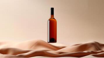 AI generated Wine bottle for mock up over beige background and dunes. photo