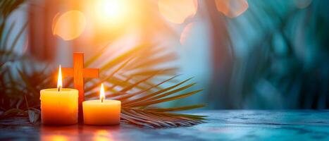 ai generado velas, palma hojas y madera cruzar para Pascua de Resurrección. religioso símbolo. foto