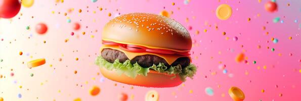 AI generated Delicious flying burgers over blurred and colorful background with empty space for text. photo