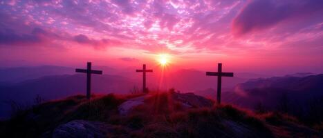 ai generado crucifixión y Resurrección de Jesús a puesta de sol. Tres de madera cruces en contra hermosa puesta de sol en el montañas. catolicismo simbolos Pascua de Resurrección concepto. foto