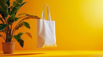 AI generated White shopping bag mock up over yellow background and empty space for text. photo