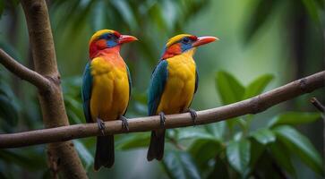 AI generated colored beautiful bird sitting on the tree in the jungle, colored wild bird, colored wild bird sitting on the branch of tree in jungle photo