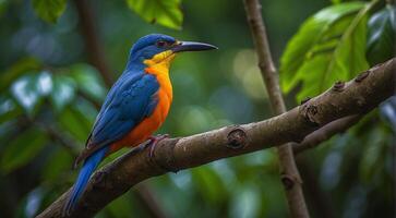 AI generated colored beautiful bird sitting on the tree in the jungle, colored wild bird, colored wild bird sitting on the branch of tree in jungle photo