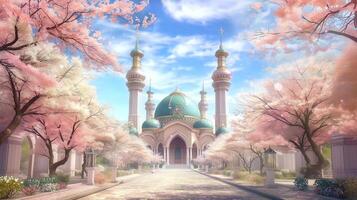 AI generated The ethereal beauty of a mosque adorned with cascading cherry blossoms. Fantasy landscape anime or cartoon style, Seamless looping 4k time-lapse virtual video animation background