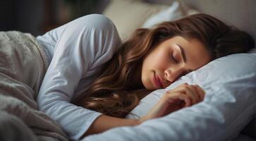 ai generado hermosa joven mujer dormido en cama, bonito joven mujer dormido envuelto con un sábana, dormido mujer, bonito niña es dormido foto