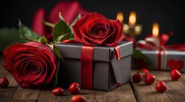 AI generated valentines day gifts background, happy gifts, valentines day scene, gifts for valenitnes day, colored gifts with roses photo